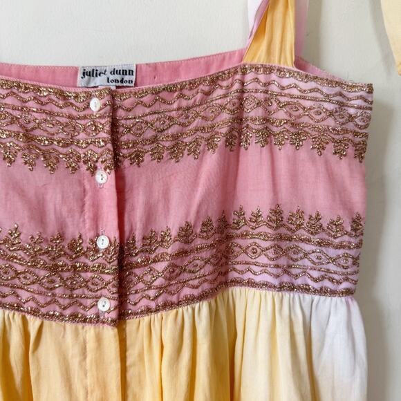 Juliet Dunn Pink Sunset Gold Embroidered Tie Shoulder Cotton Midi Dress 1 / S - Picture 6 of 12